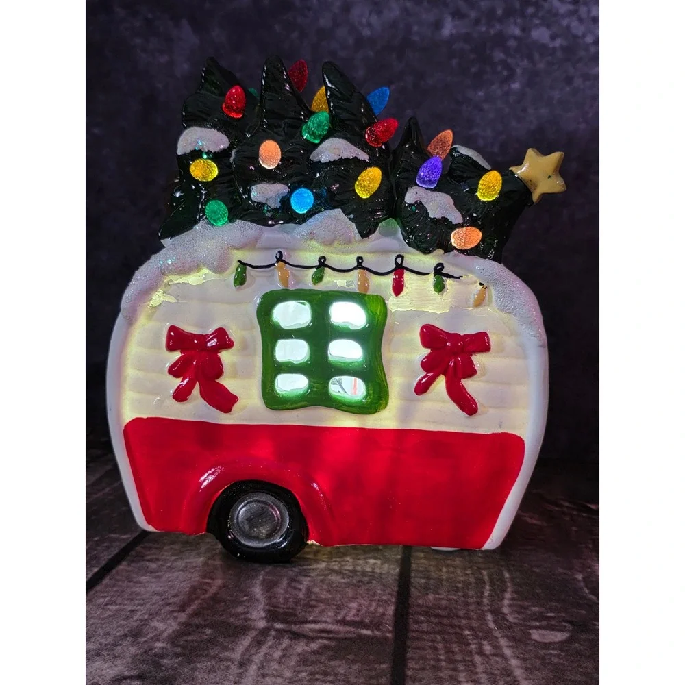 Christmas Camper LED Light Up Ceramic Decor Santa Snowman Tree Retro Trailer 8in